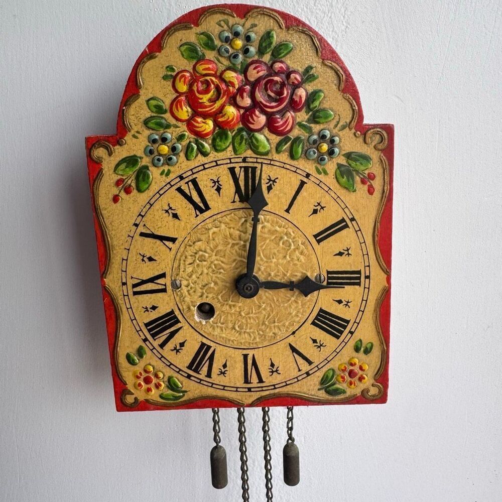 Vintage German Black Forest Wall Clock Hand Painted Floral Folk Art Wood Germany